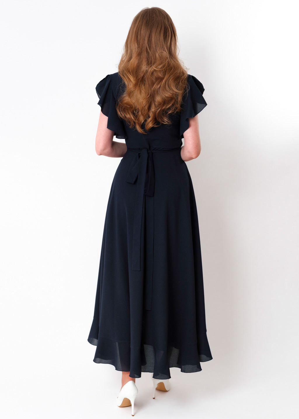 Navy blue chiffon wrap dress