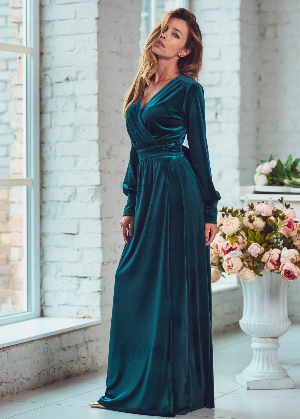 Teal green long wrap velvet robe