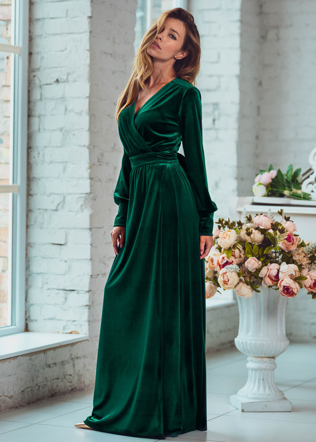 Emerald green long wrap robe
