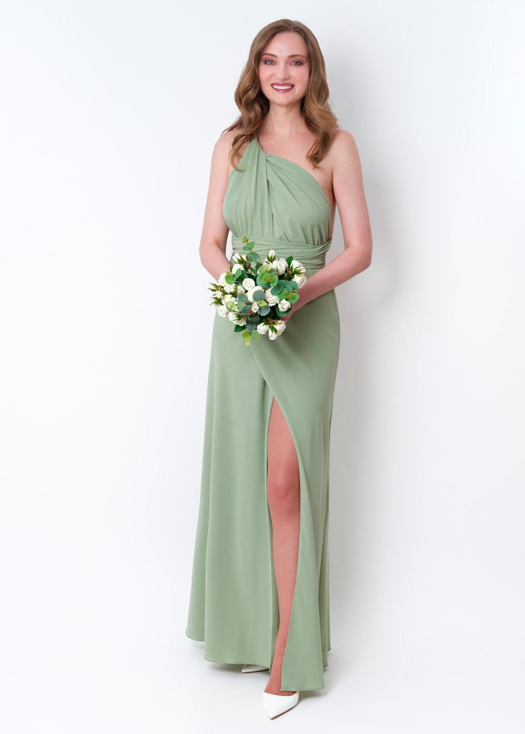 Sage green chiffon infinity slit dress