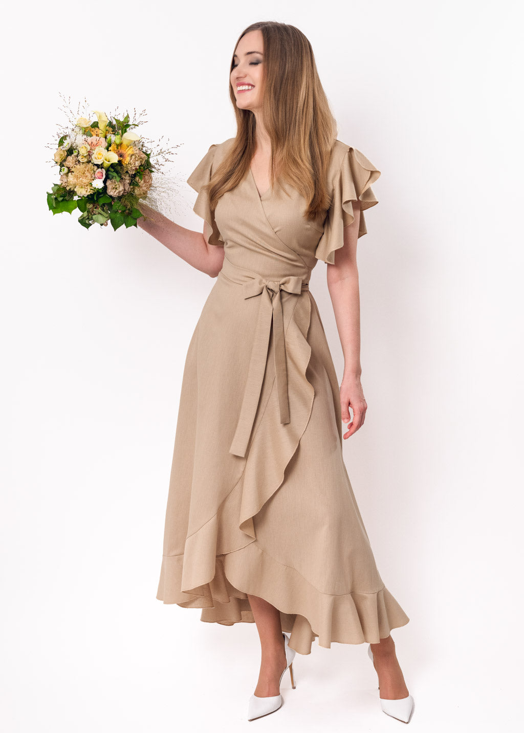 Beige linen wrap dress