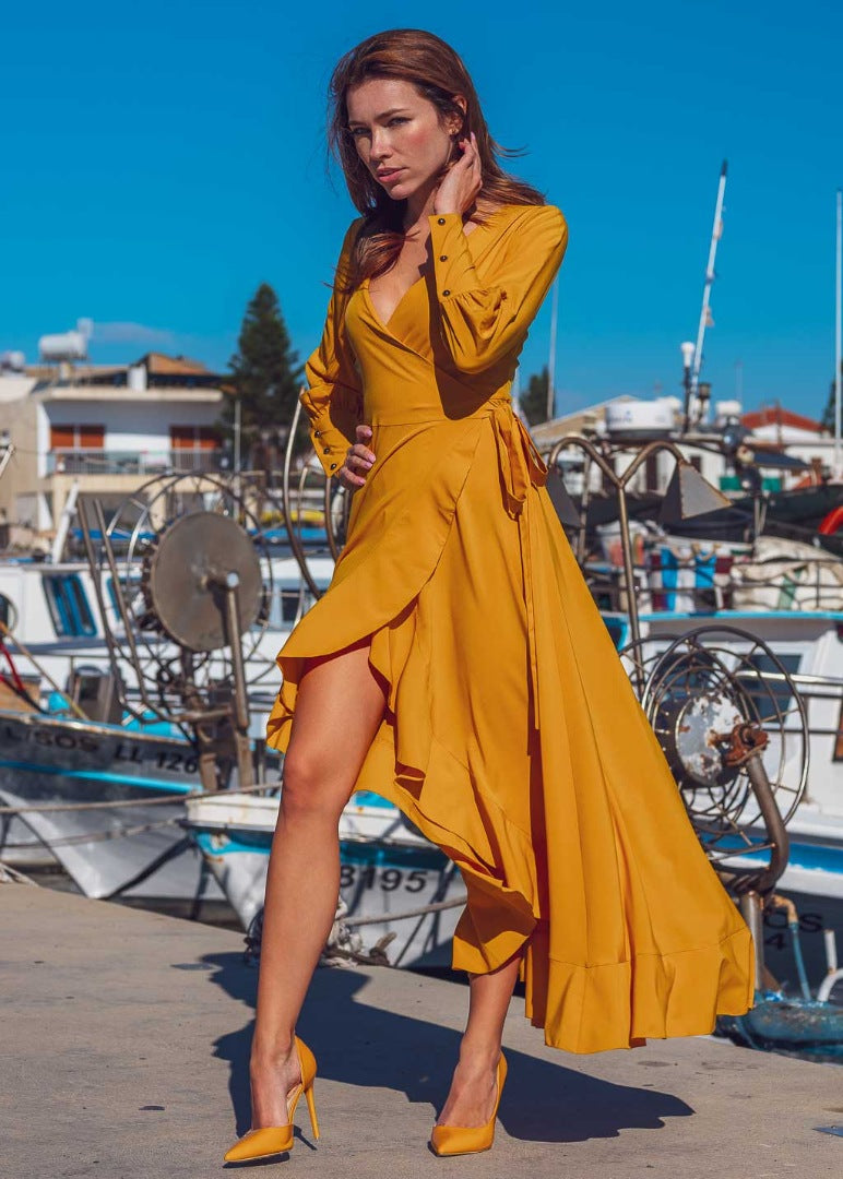 Honey yellow long wrap dress