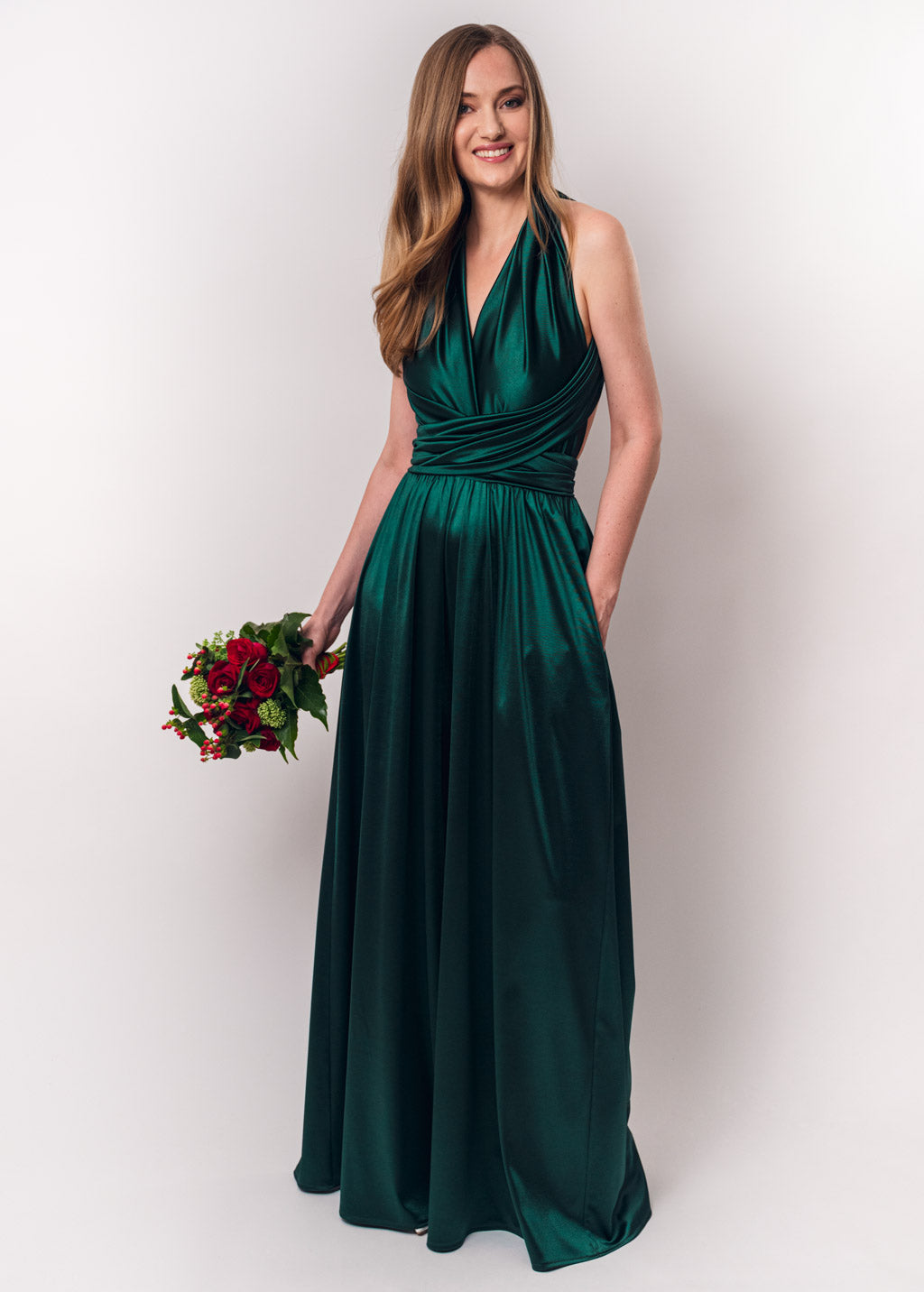 Dark green luxury satin infinity dress or jumpsuit