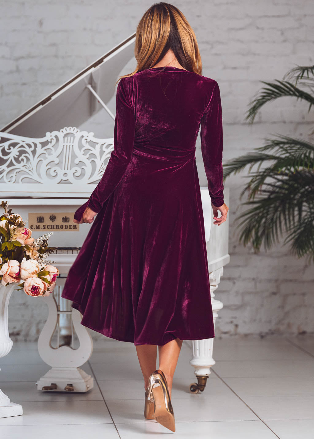 Plum burgundy wrap velvet dress