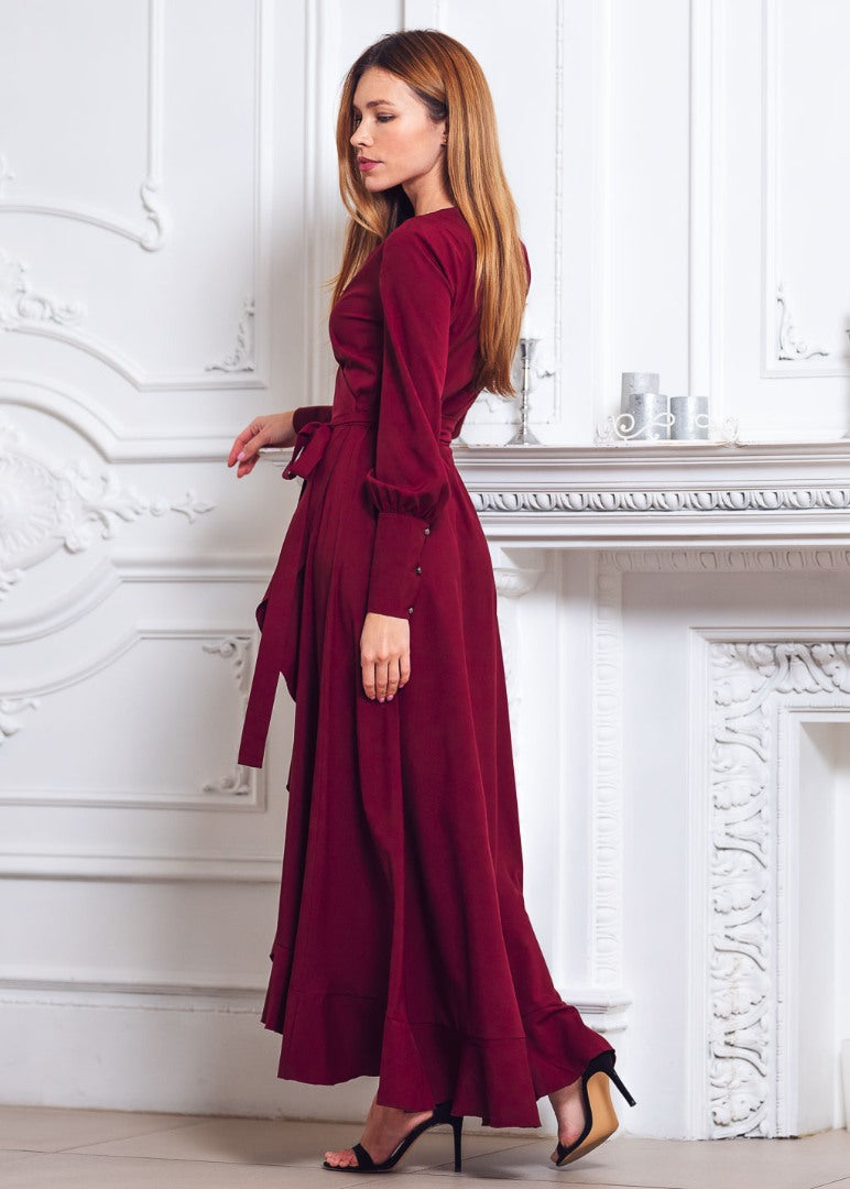 Burgundy long wrap dress