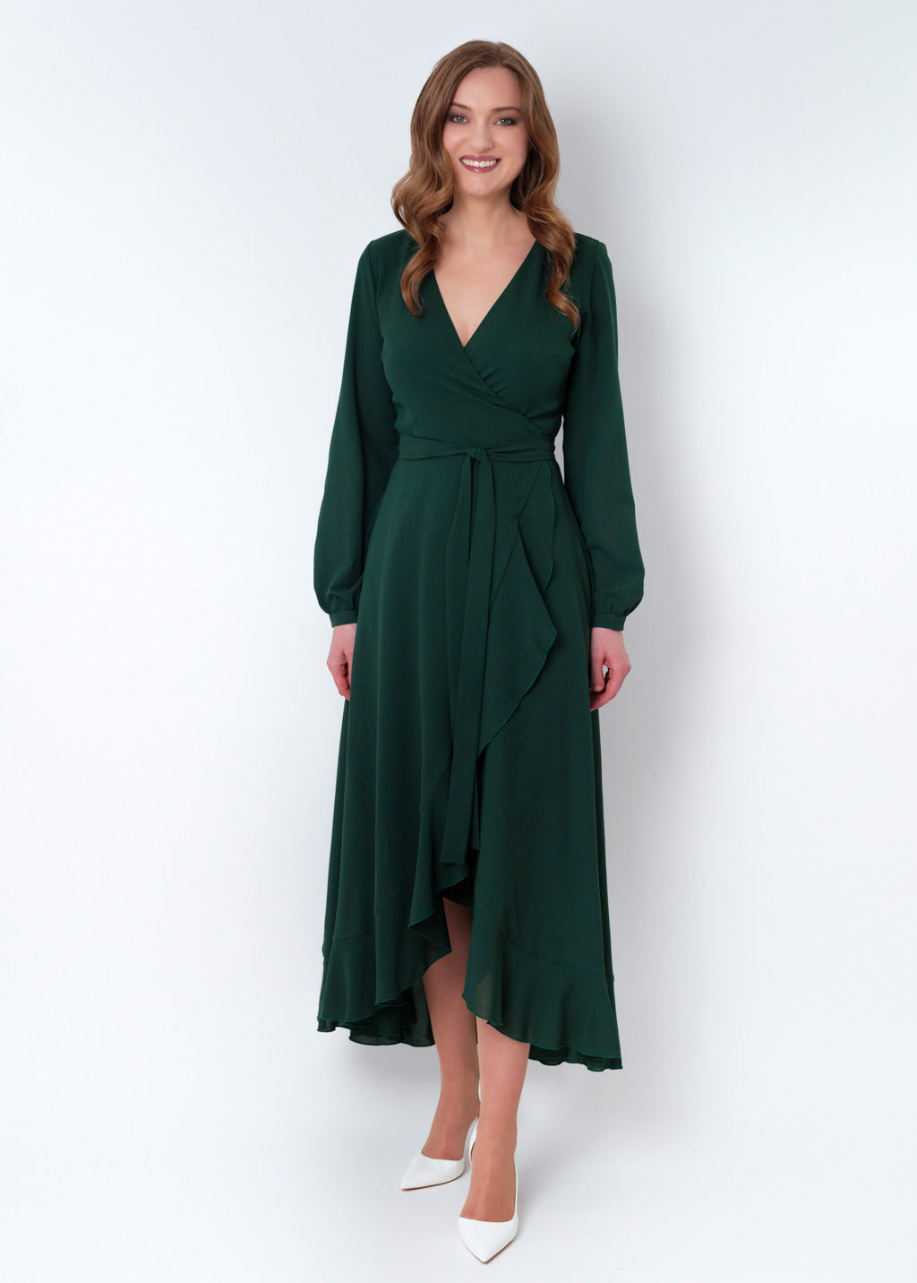 Dark green chiffon wrap dress