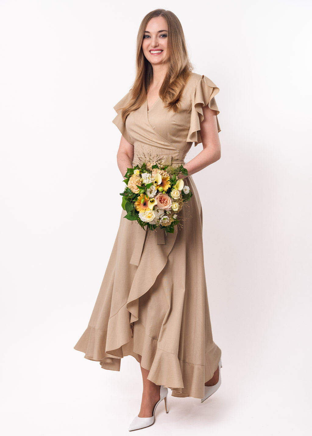 Beige linen wrap dress