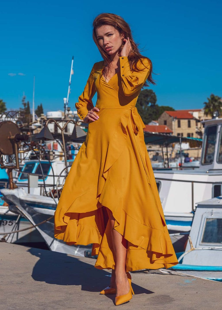 Honey yellow long wrap dress
