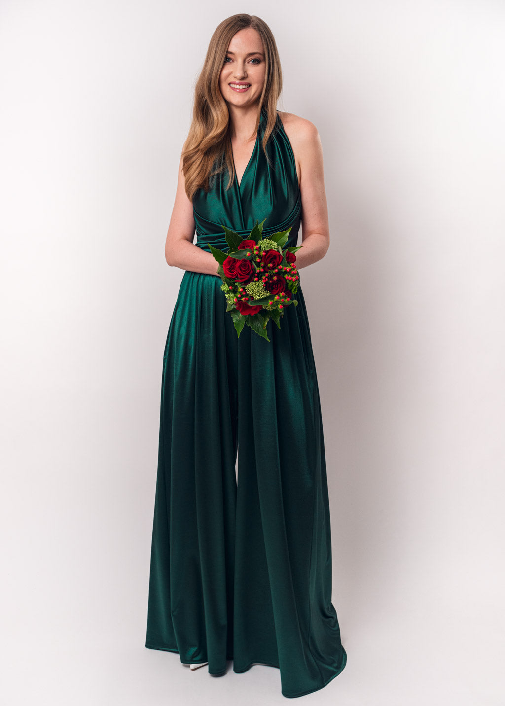 Dark green luxury satin infinity dress or jumpsuit