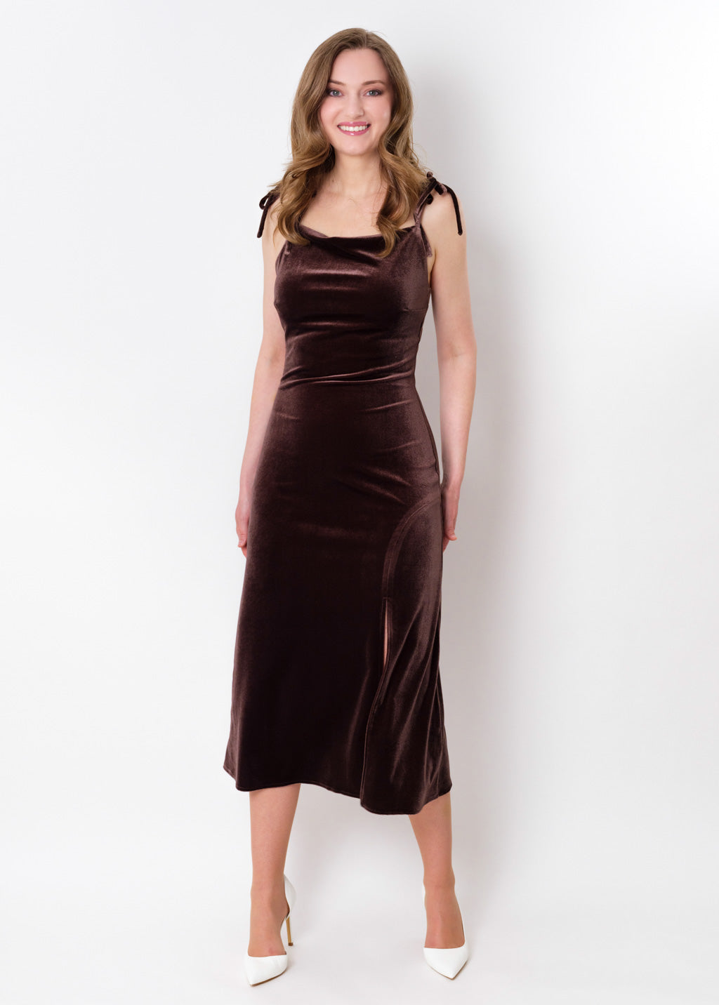 Chocolate brown slip slit velvet bodycon dress