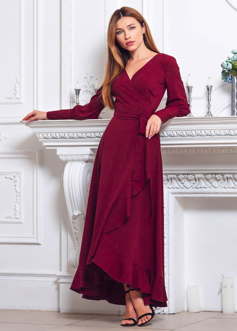 Burgundy long wrap dress