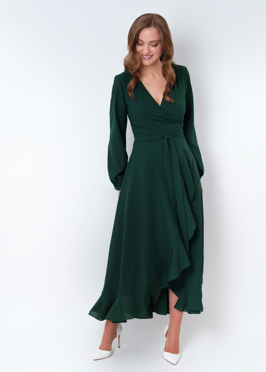 Dark green chiffon wrap dress