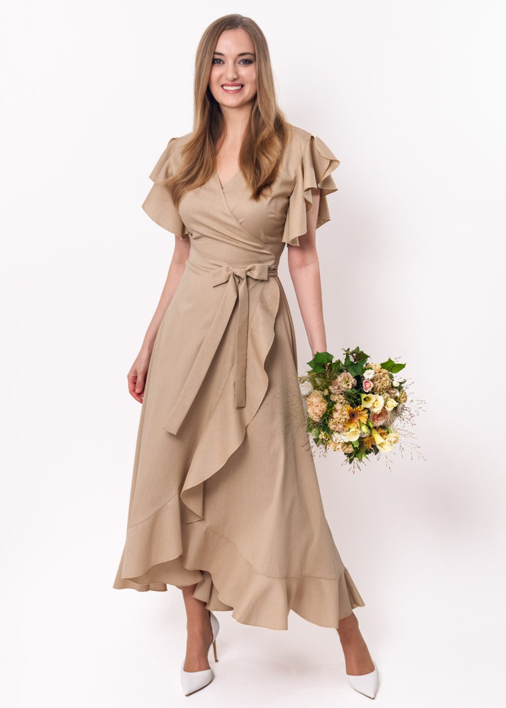 Beige linen wrap dress