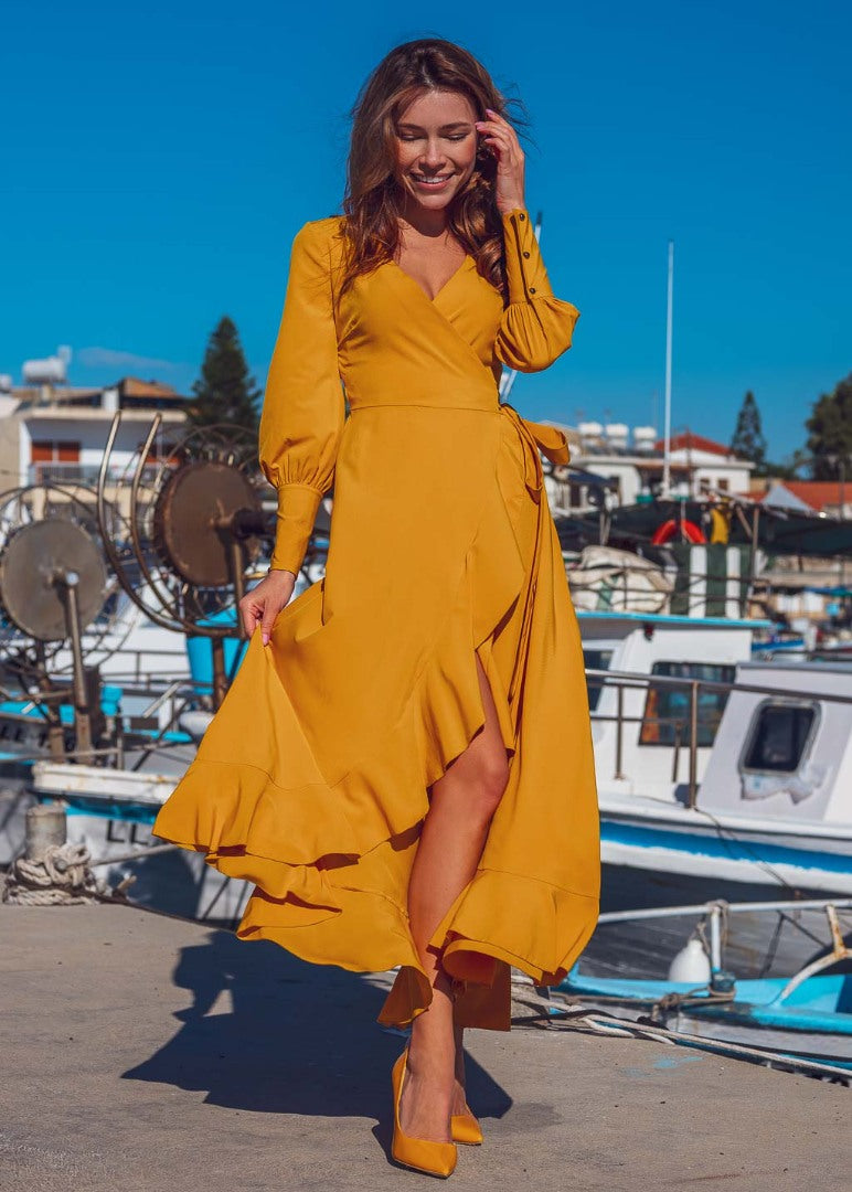 Honey yellow long wrap dress