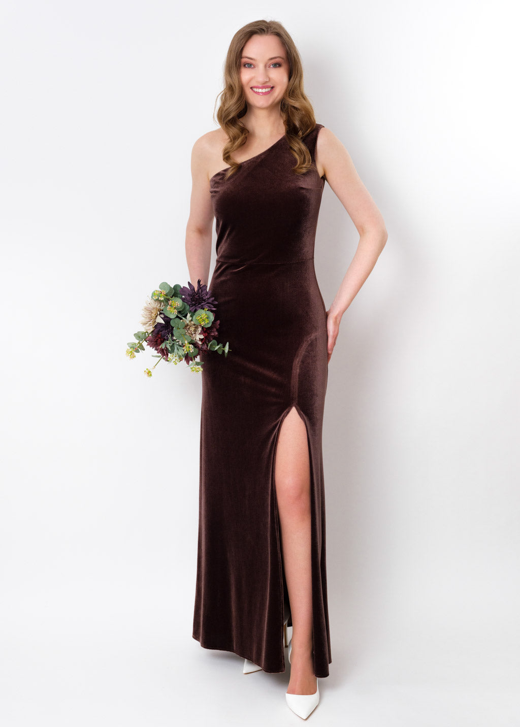 Chocolate brown velvet one shoulder slit dress