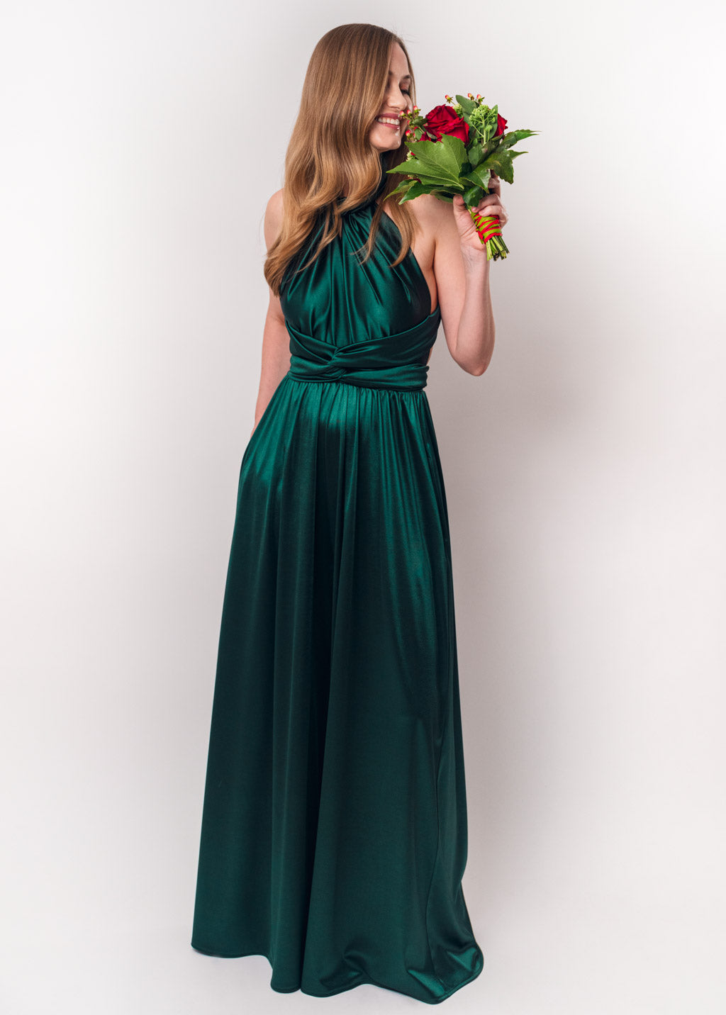 Dark green luxury satin infinity dress or jumpsuit