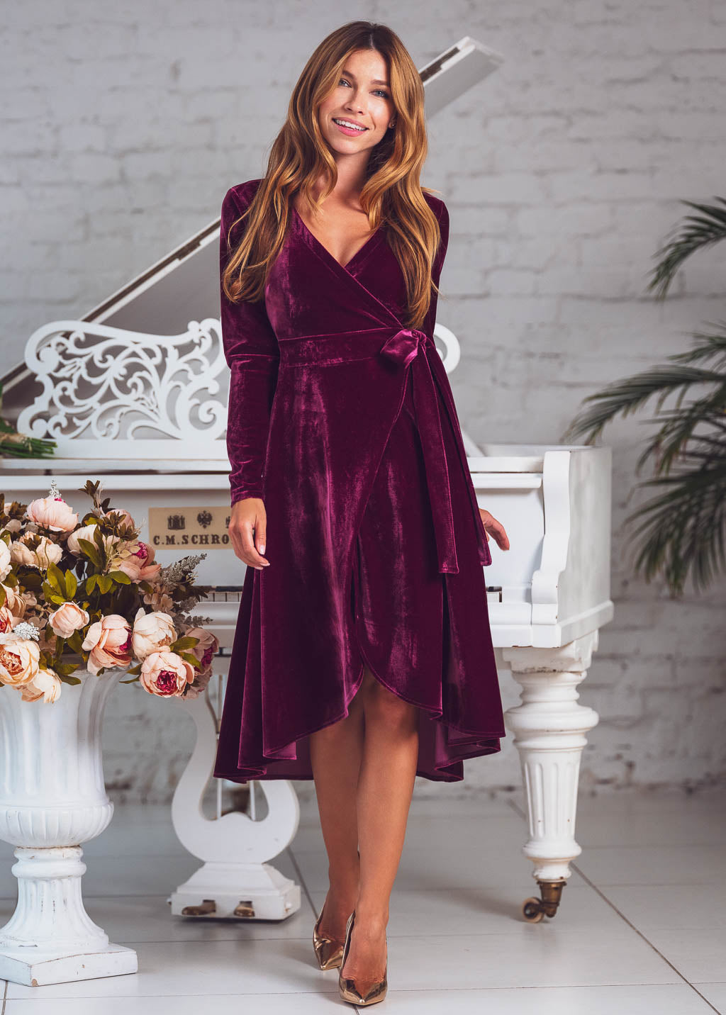 Plum burgundy wrap velvet dress