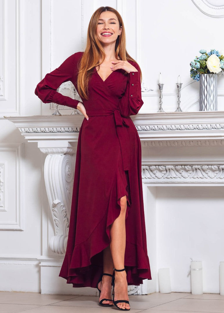 Burgundy long wrap dress