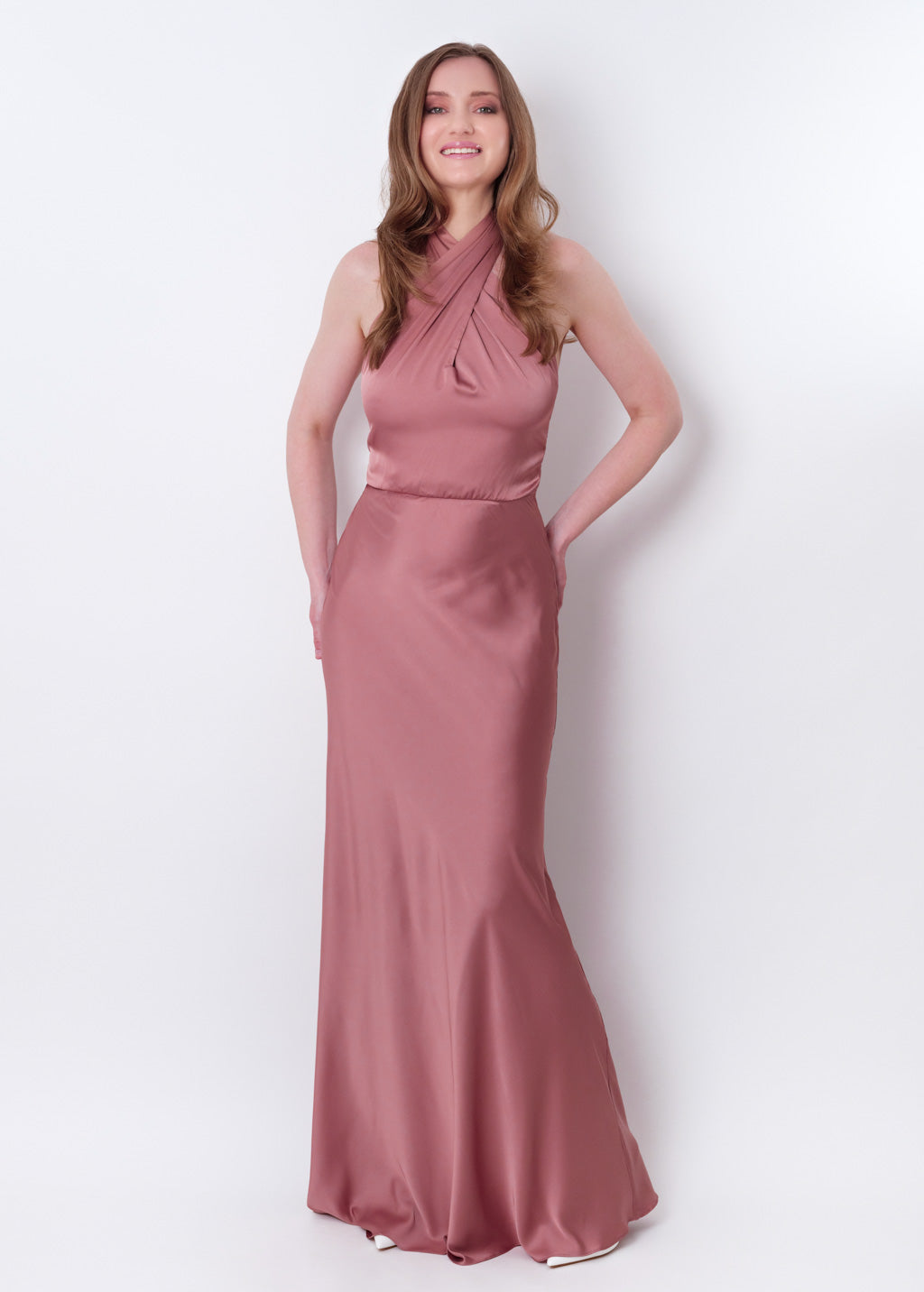 Champagne rose silk long halter dress