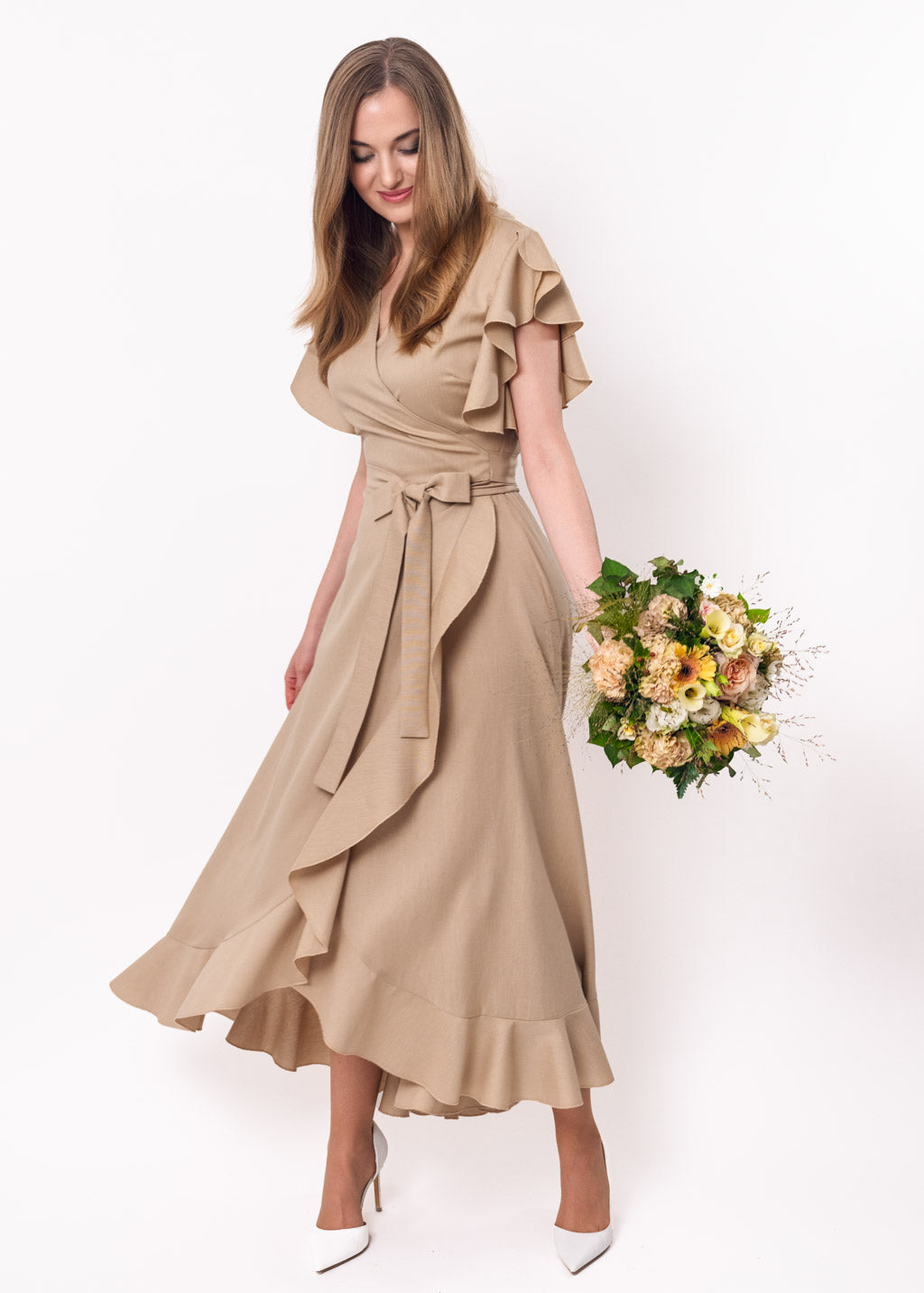 Beige linen wrap dress