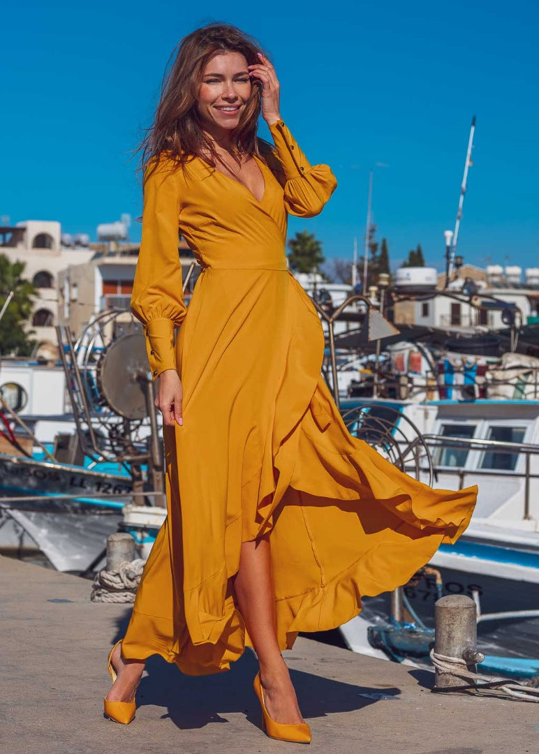 Honey yellow long wrap dress