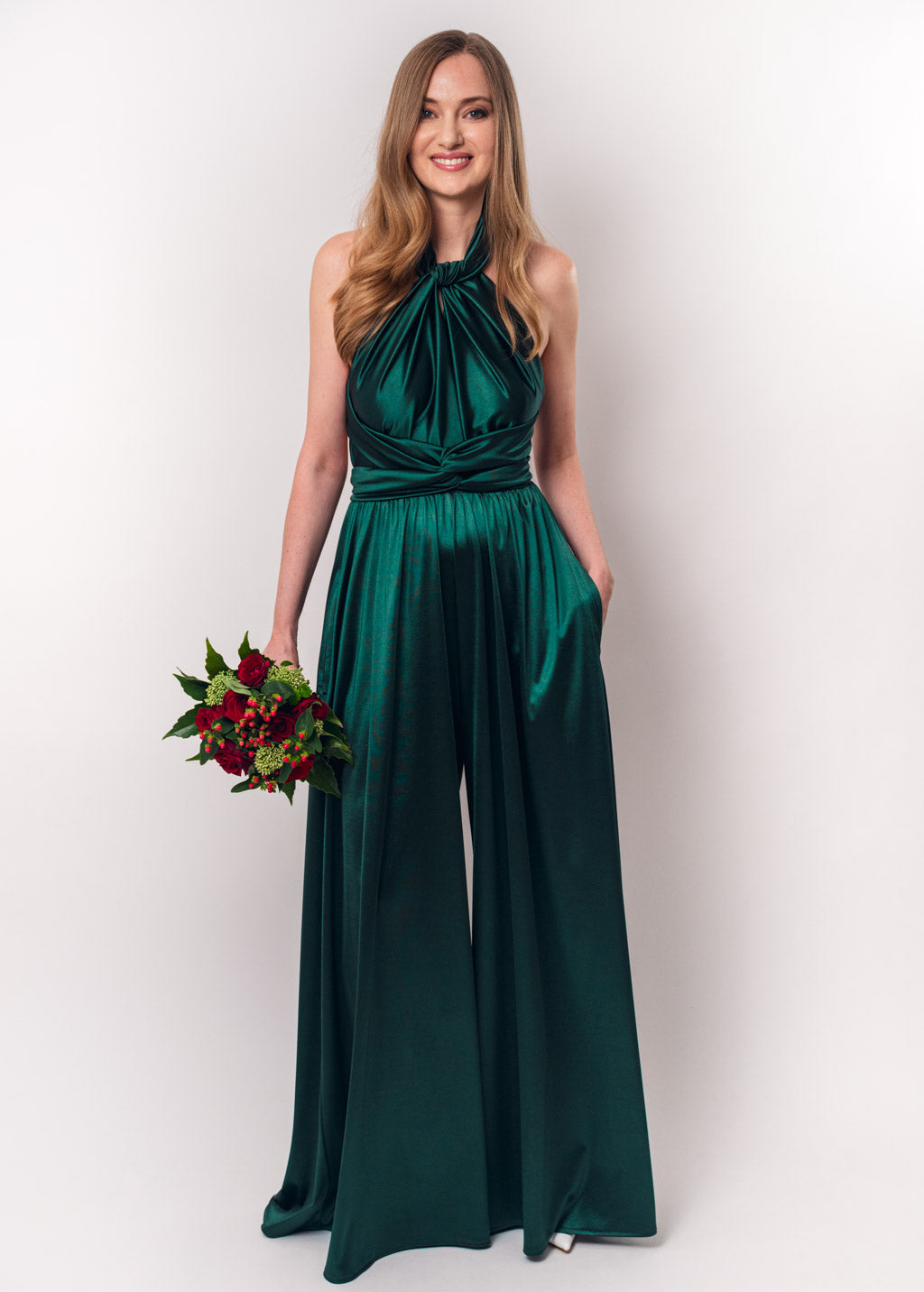 Dark green luxury satin infinity dress or jumpsuit