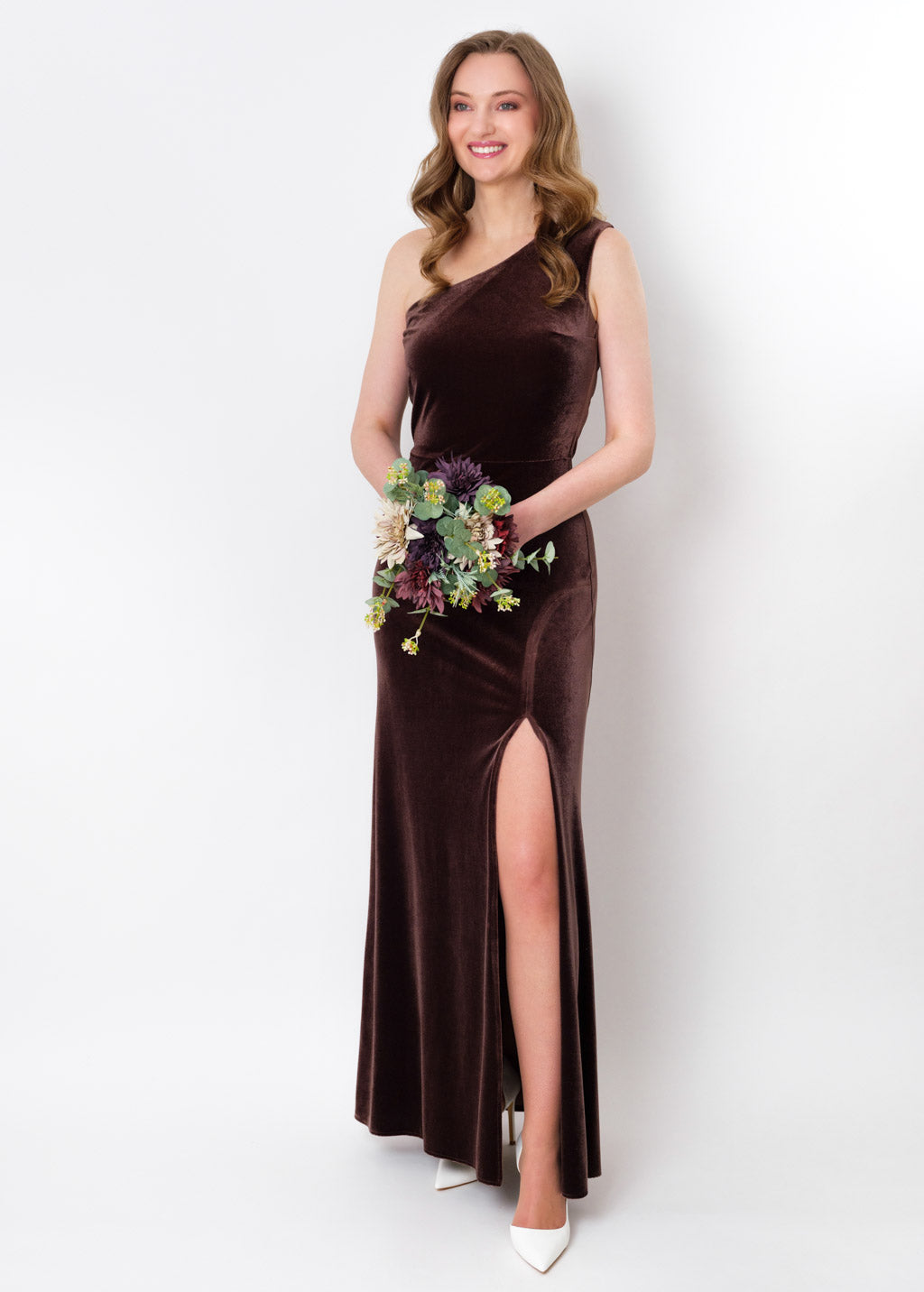 Chocolate brown velvet one shoulder slit dress