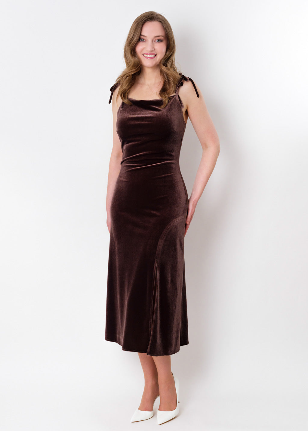 Chocolate brown slip slit velvet bodycon dress