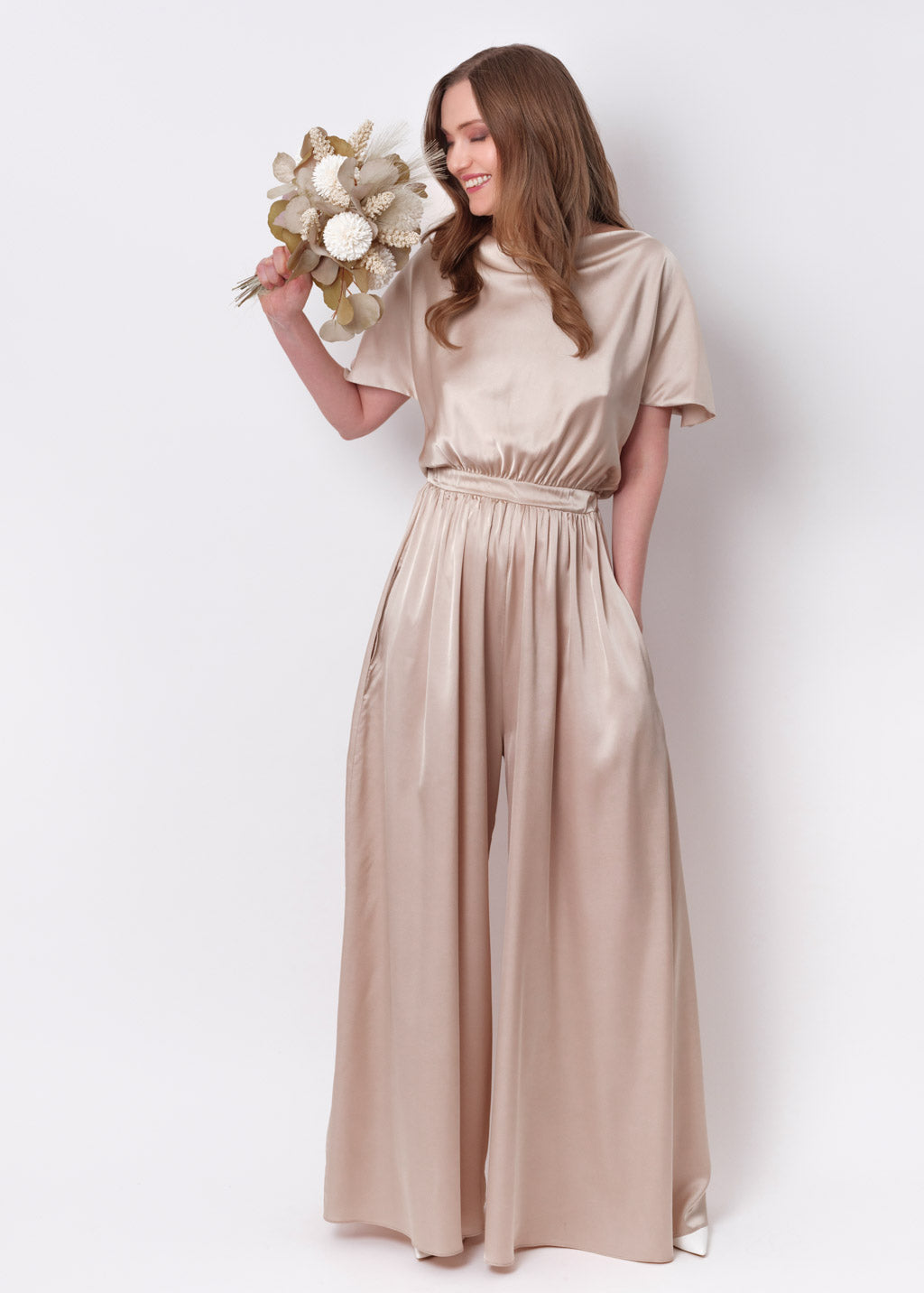 Champagne beige silk jumpsuit