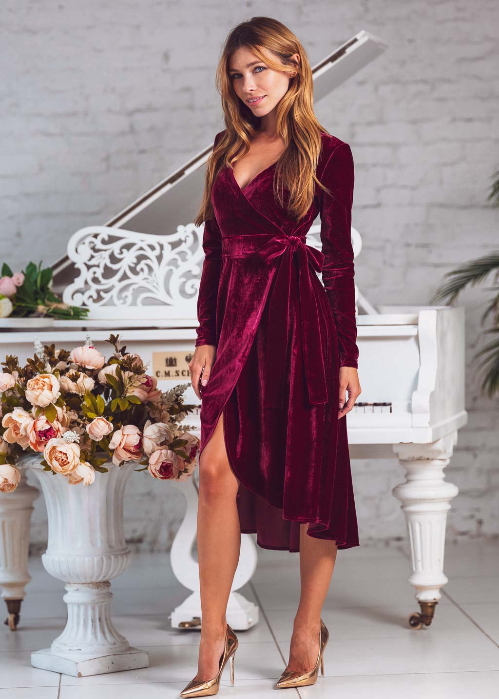 Plum Burgundy wrap velvet dress