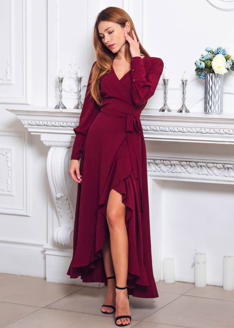 Burgundy long wrap dress