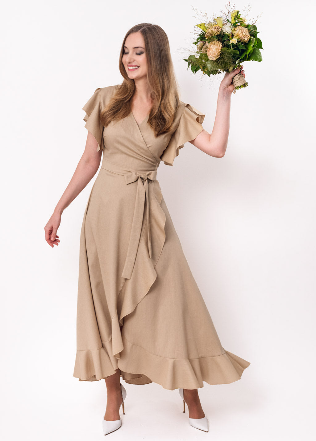 Beige linen wrap dress