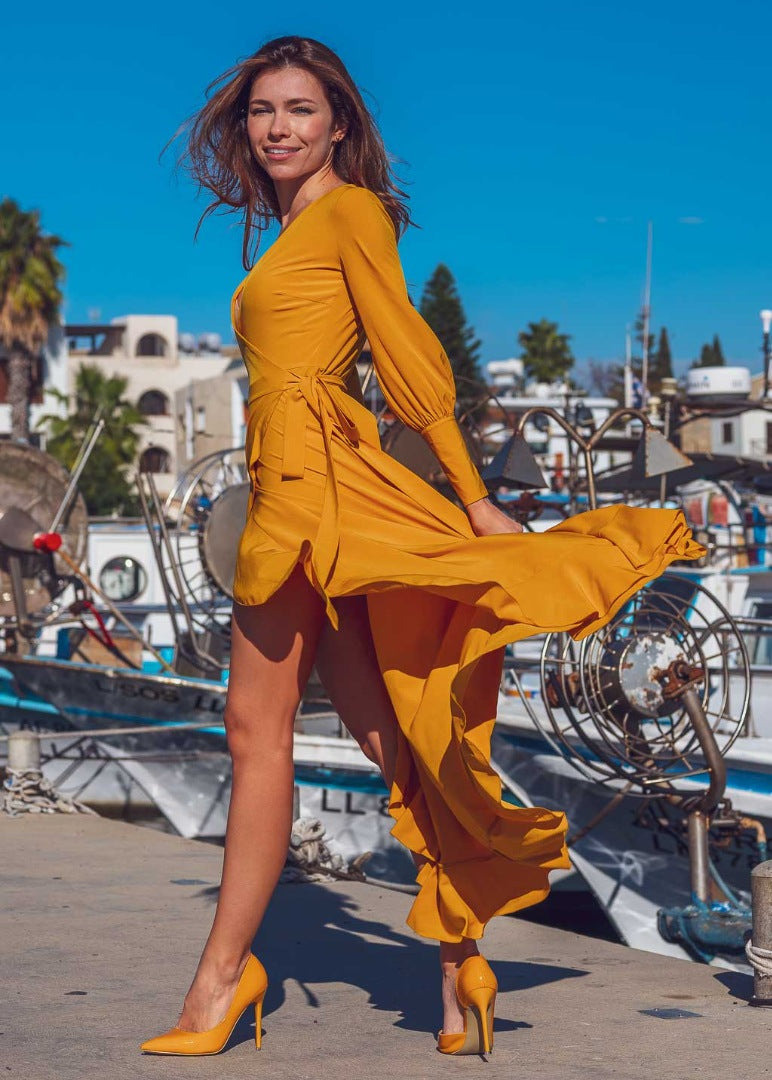 Honey yellow long wrap dress
