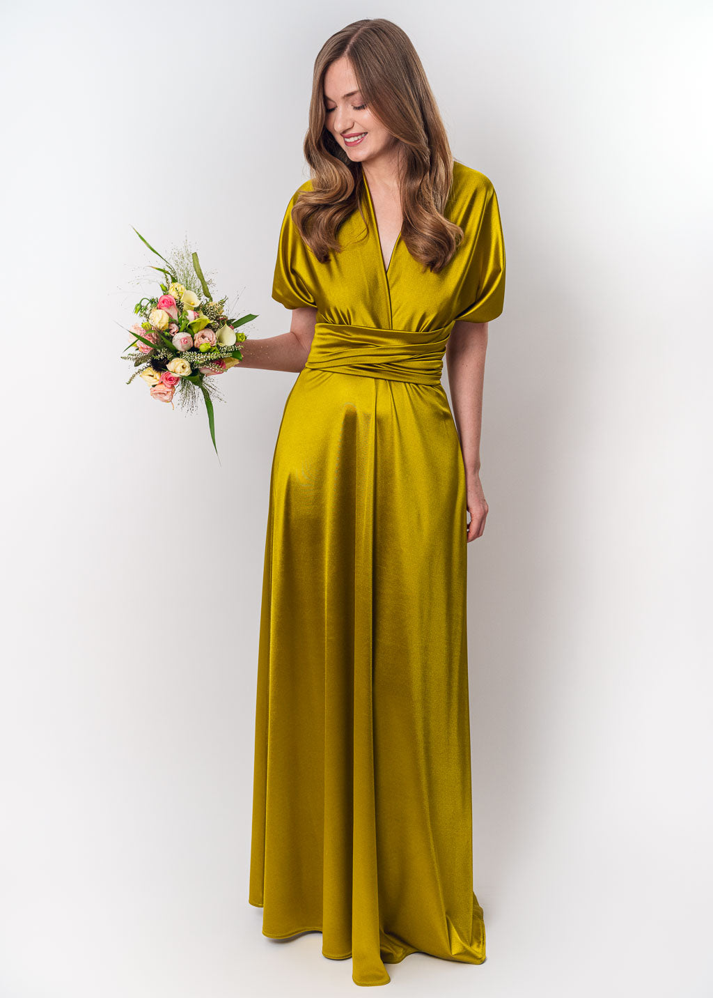 Olive green luxury satin infinity dress or jumpsuit