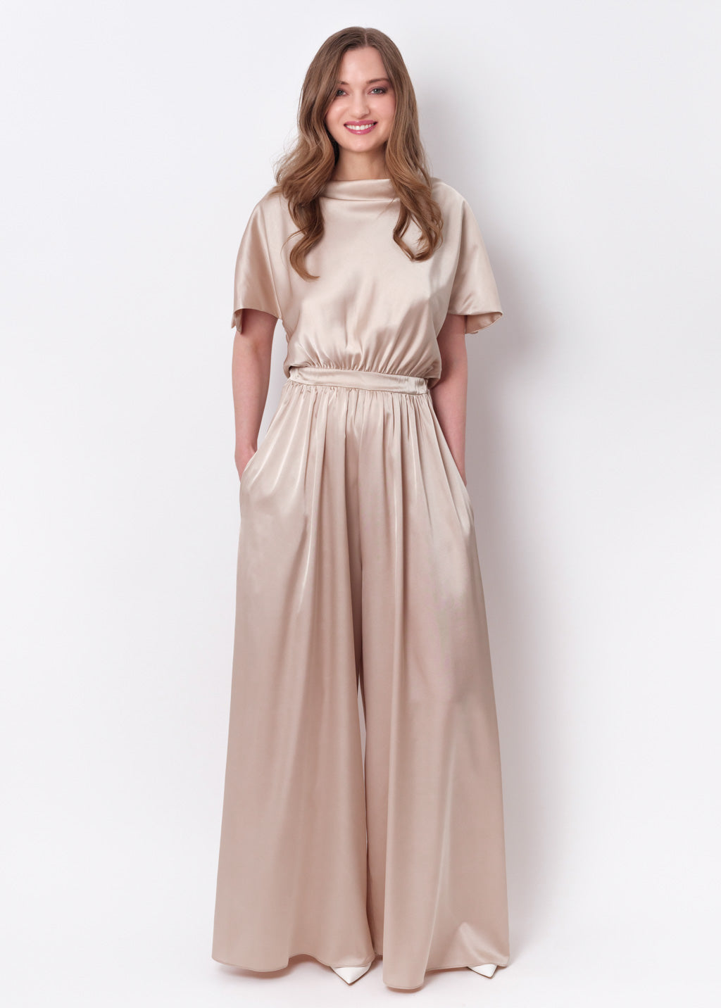 Champagne beige silk jumpsuit