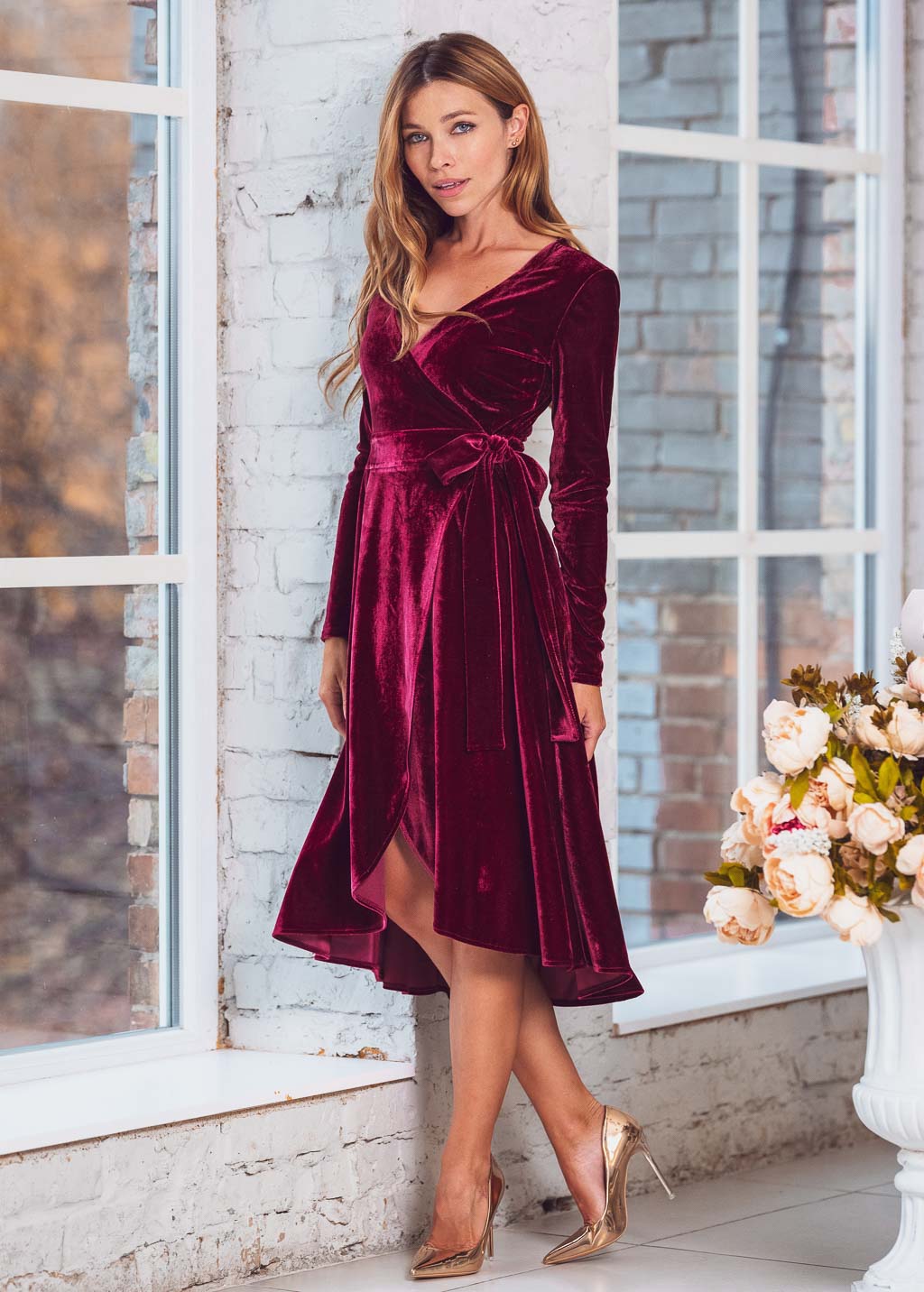 Plum Burgundy wrap velvet dress