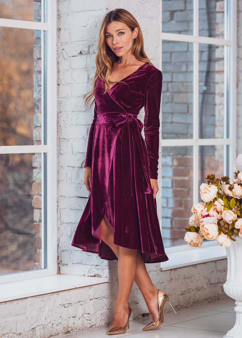 Plum burgundy wrap velvet dress