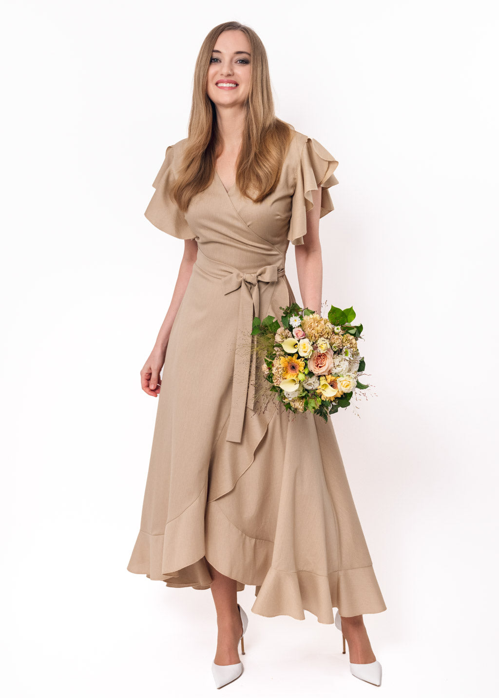 Beige linen wrap dress