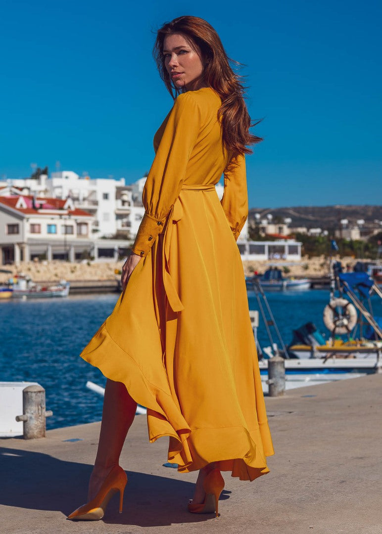 Honey yellow long wrap dress