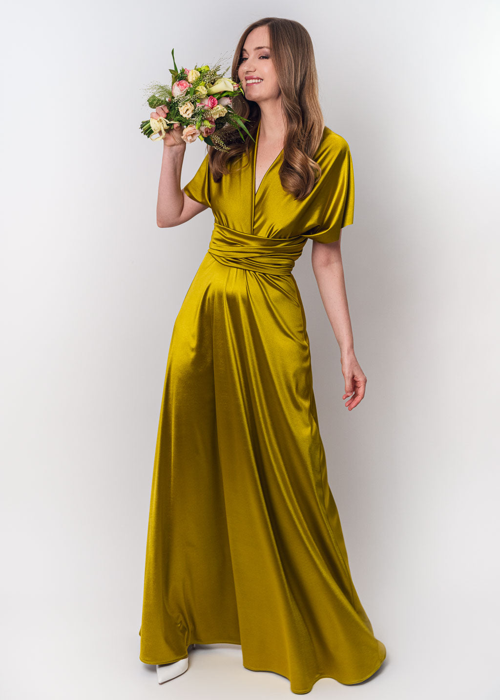 Olive green luxury satin infinity dress or jumpsuit