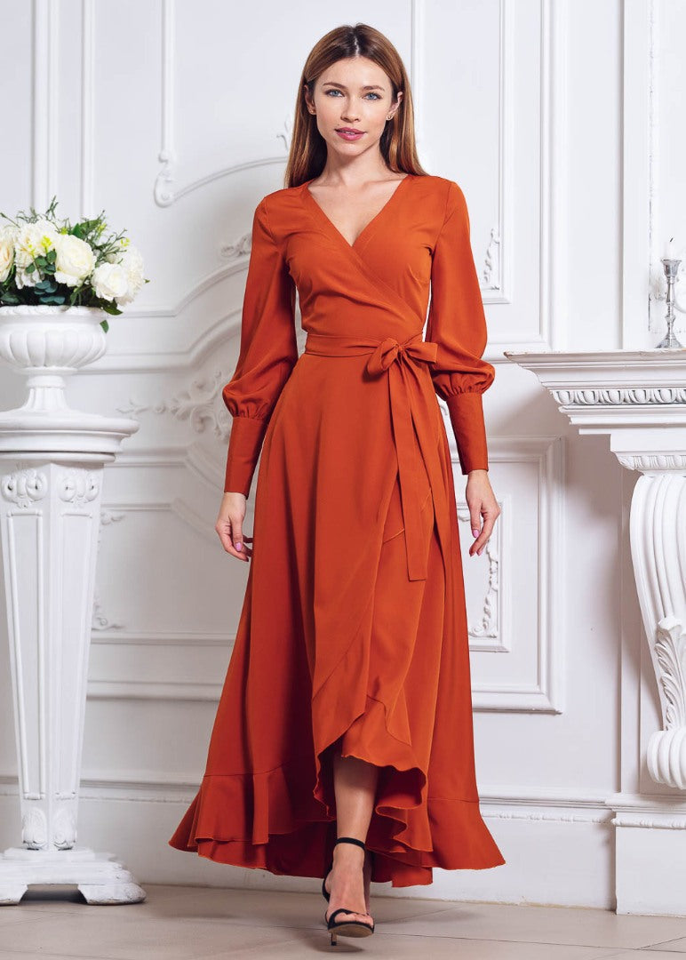 Rust orange long wrap dress