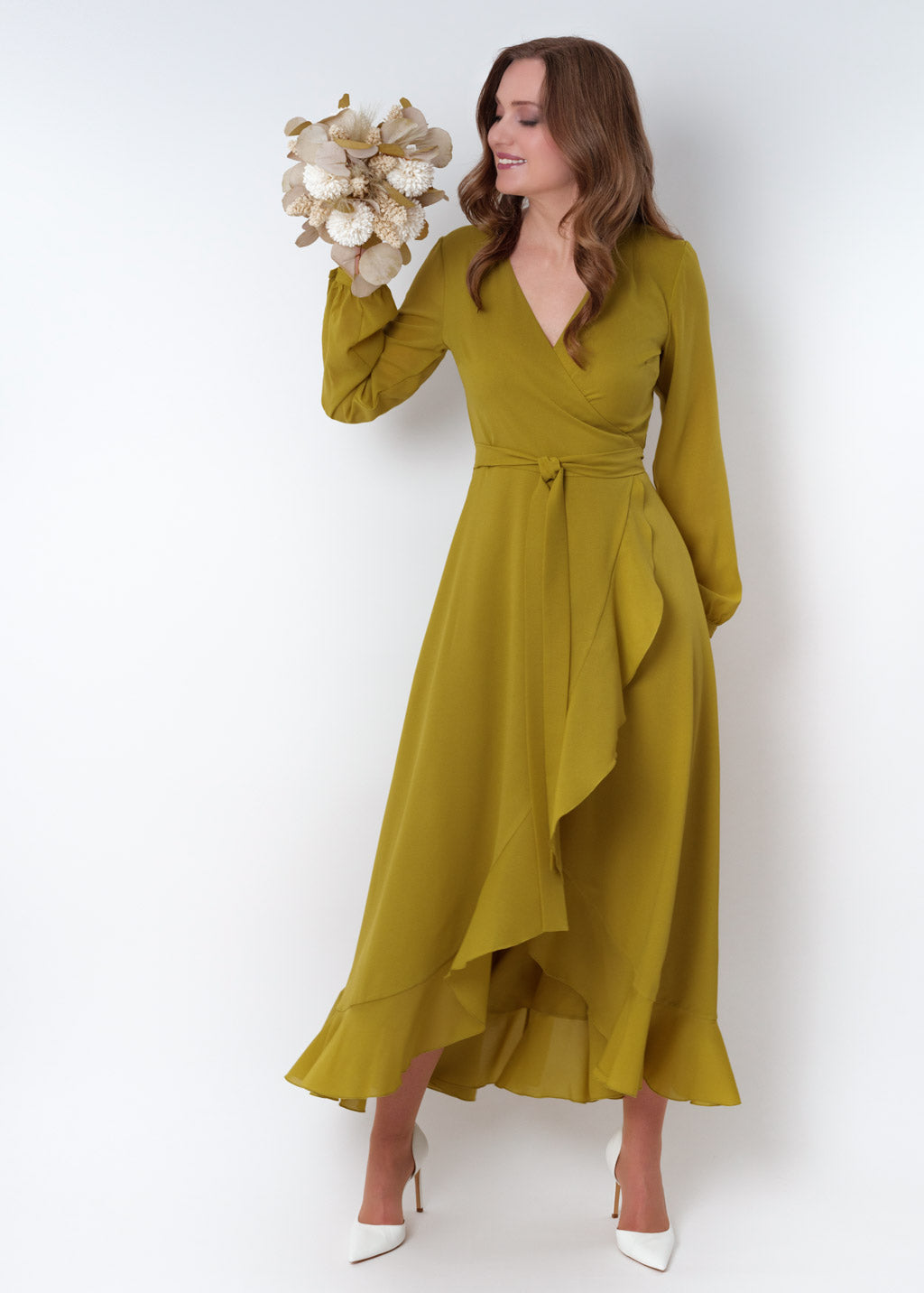 Yellow olive chiffon wrap dress