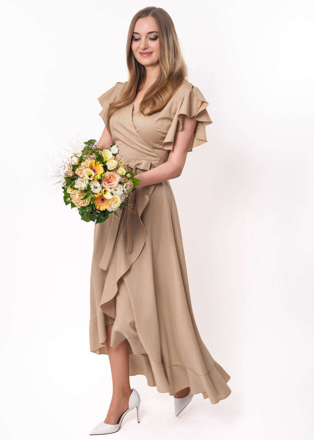 Beige linen wrap dress