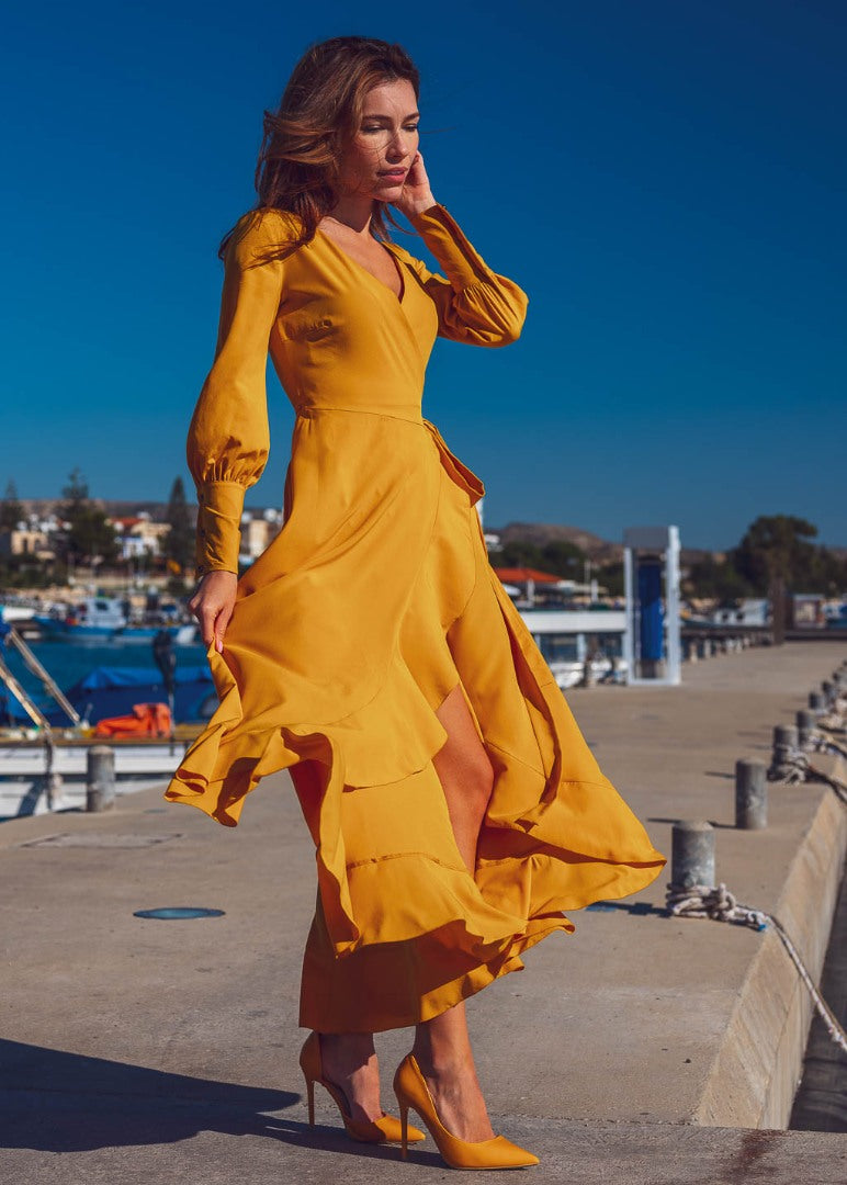Honey yellow long wrap dress