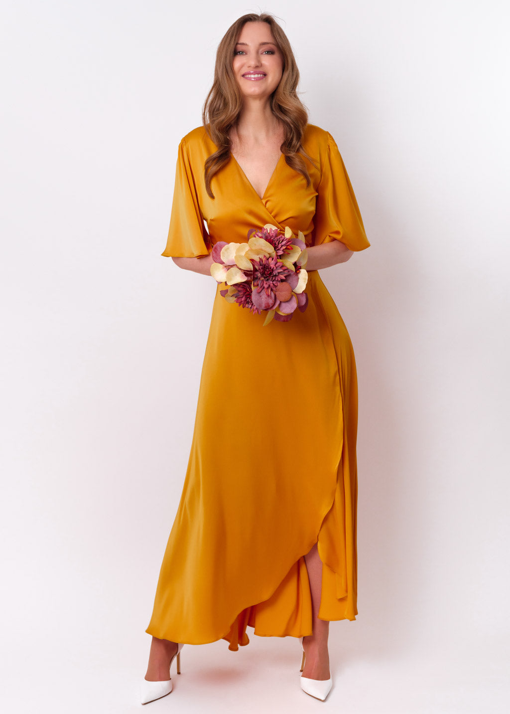 Gold silk long wrap dress