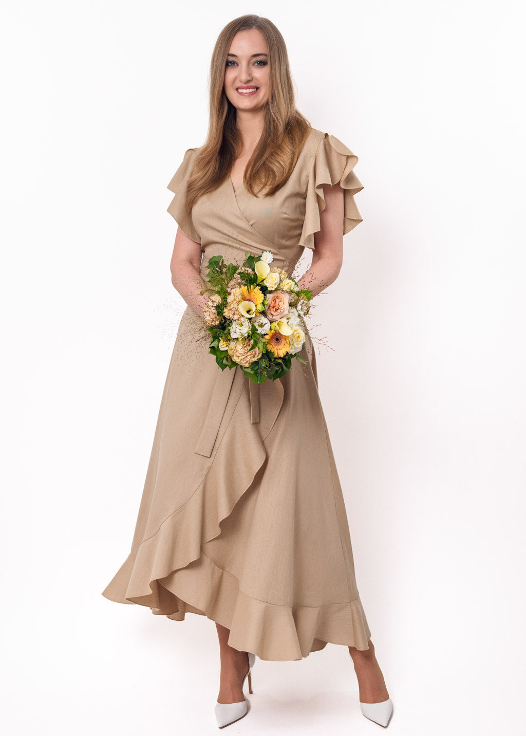 Beige linen wrap dress