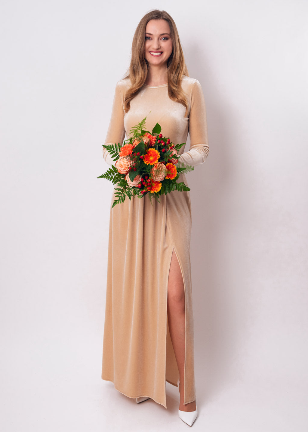 Champagne beige velvet slit dress