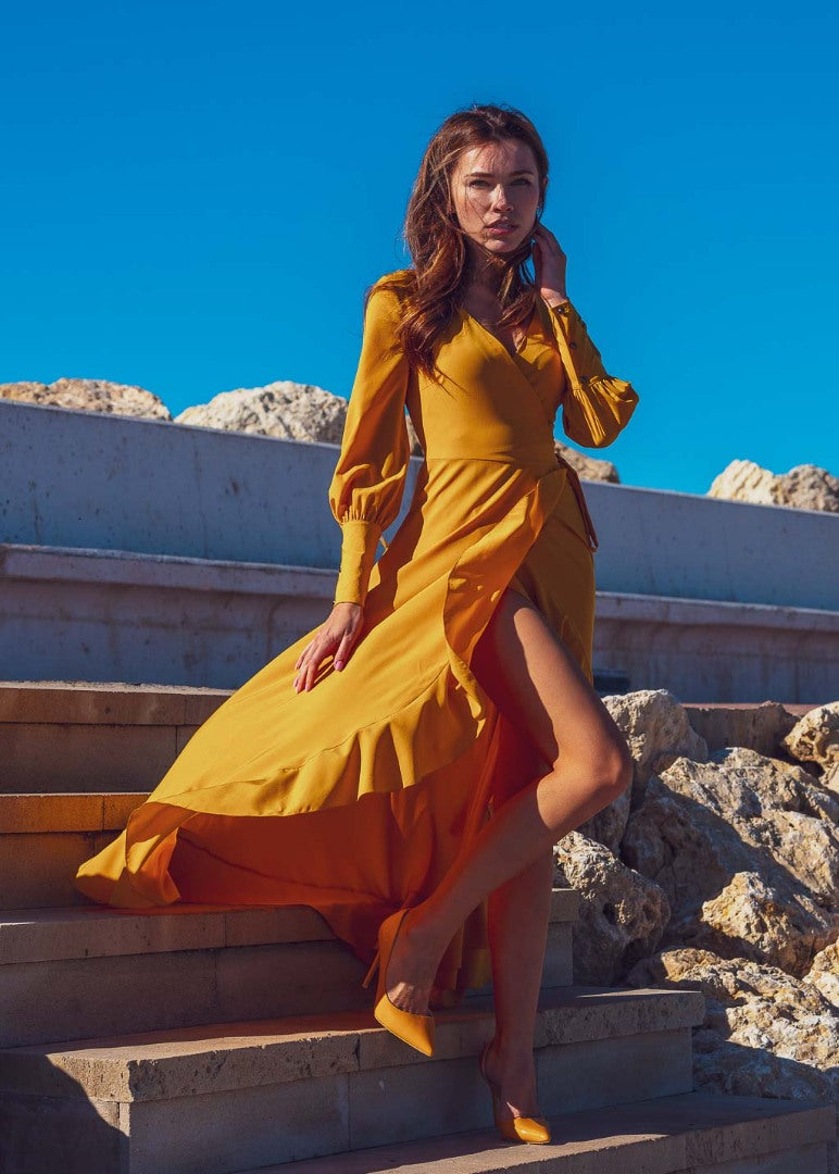 Honey yellow long wrap dress