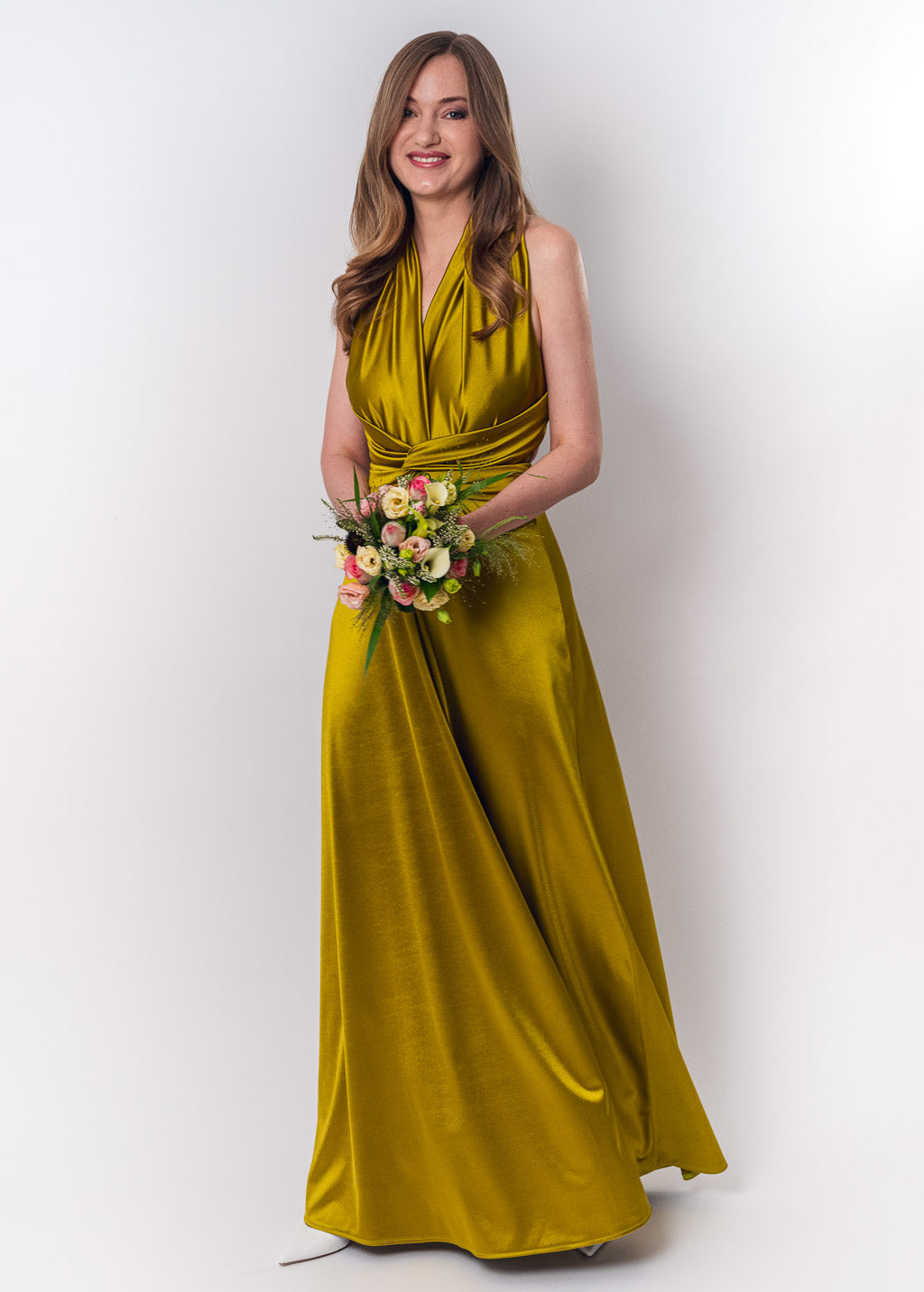 Olive green luxury satin infinity dress or jumpsuit