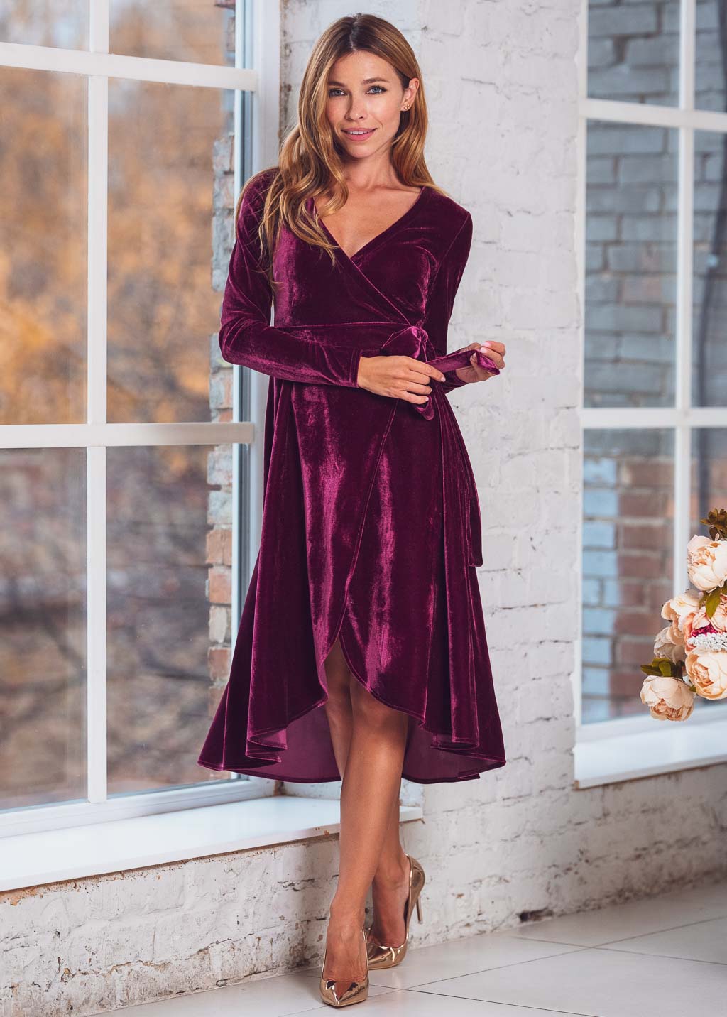 Plum burgundy wrap velvet dress